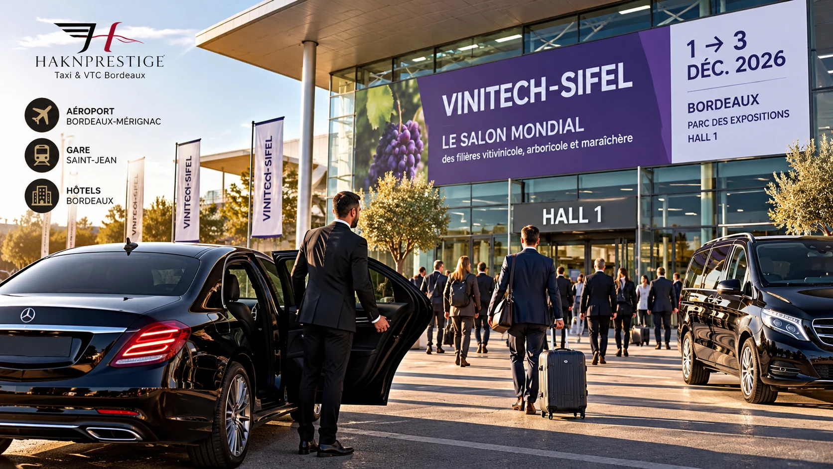 Taxi et VTC à Bordeaux pour Vinitech-Sifel 2026 avec berline et van devant un parc des expositions vitivinicole